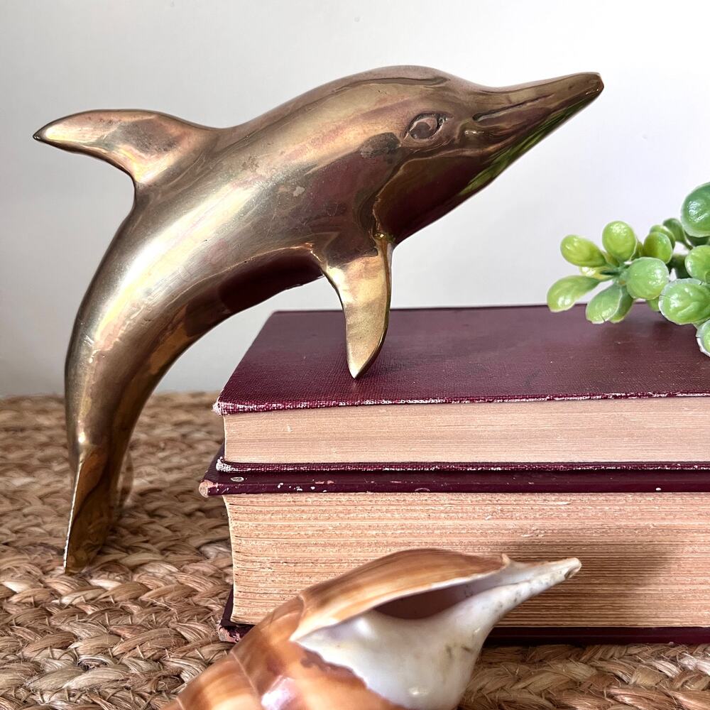 Vintage Heavy Brass Dolphin Figurine Paperweight Patina Costal Cottage 7.75" L